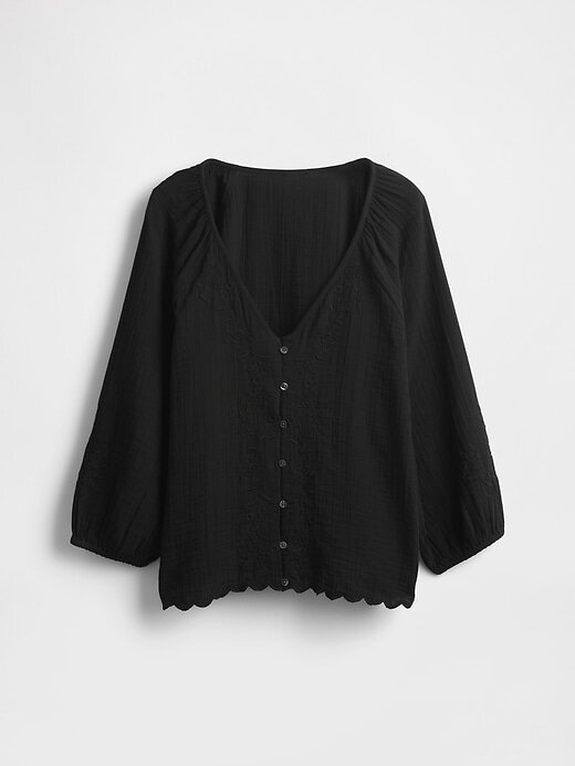 Blusa de algodão com decote em V bordado Blusa de algodão com decote em V bordado