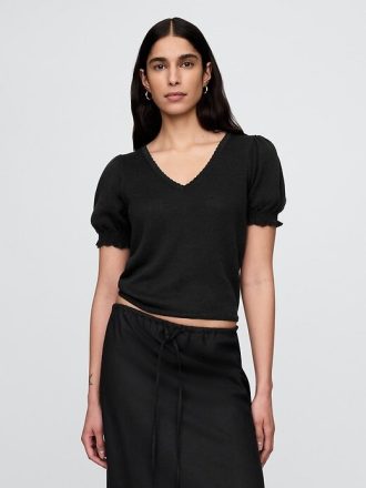 Blusa de manga bufante em mistura de linho