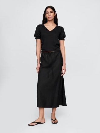 Blusa de manga bufante em mistura de linho