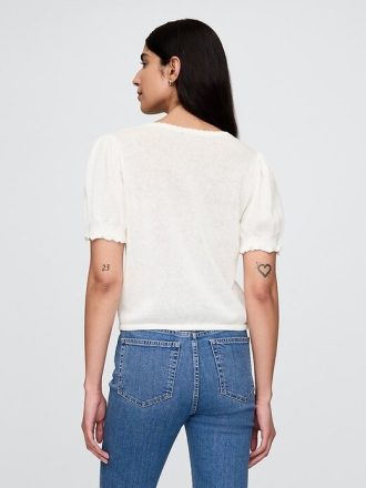 Blusa de manga bufante em mistura de linho