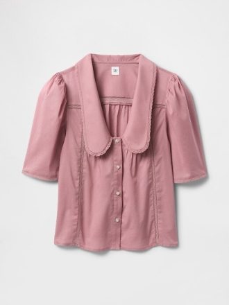 Blusa de renda com manga bufante e gola