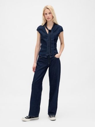 Blusa jeans com gola amarrada