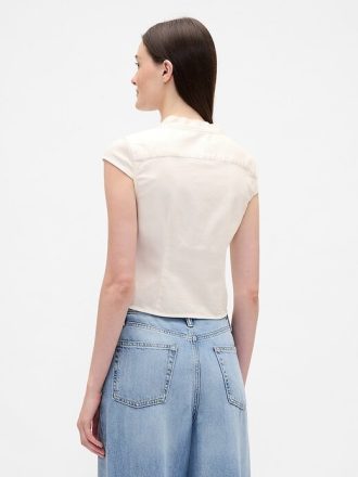 Blusa jeans com gola amarrada