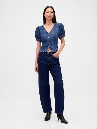 Blusa jeans com manga bufante e costura