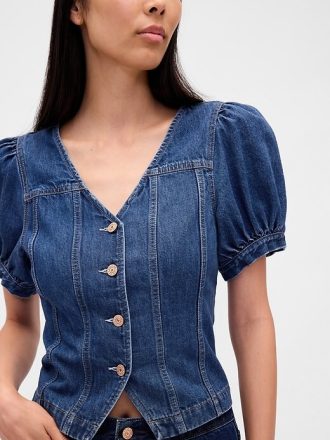 Blusa jeans com manga bufante e costura
