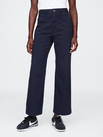 Calça cáqui de perna larga com cintura alta e tornozelo