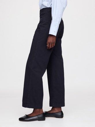 Calça cáqui de perna larga com cintura alta e tornozelo