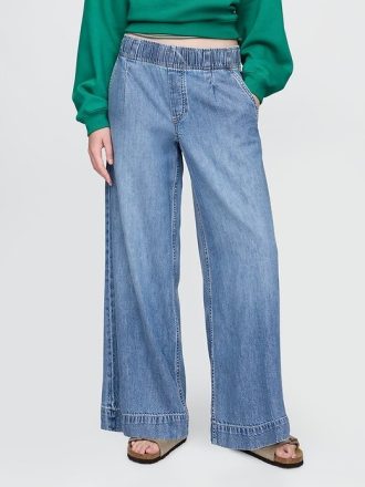 Calça jeans baggy plissada ultramacia de cintura média
