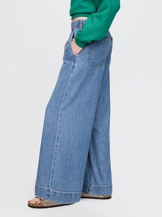 Calça jeans baggy plissada ultramacia de cintura média