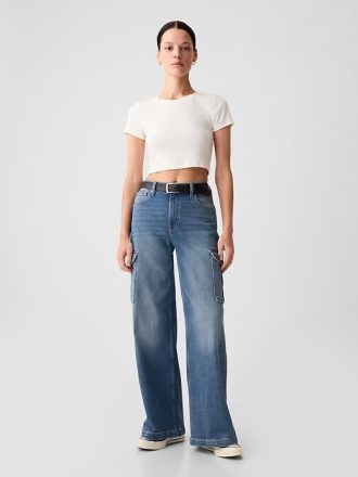 Calça jeans cargo de perna larga com cintura alta e stride