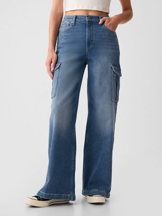 Calça jeans cargo de perna larga com cintura alta e stride