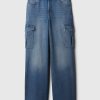 Calça jeans cargo de perna larga com cintura alta e stride