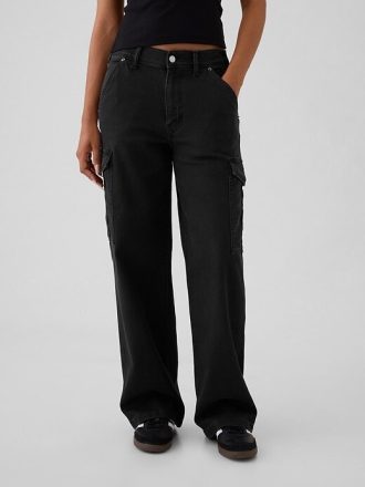 Calça jeans cargo larga dos anos 90, cintura média