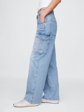 Calça jeans cargo larga dos anos 90, cintura média