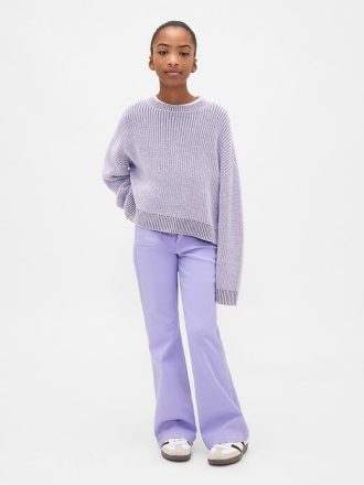 Calça jeans flare infantil de cintura alta dos anos 70