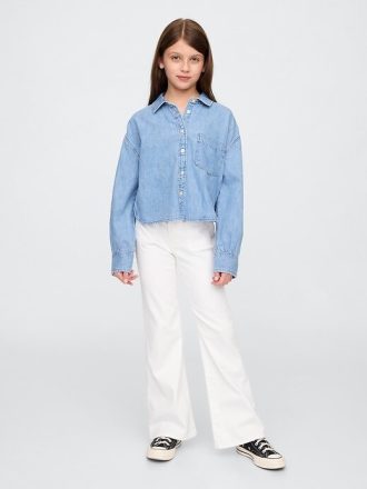 Calça jeans flare infantil de cintura alta dos anos 70