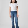 Calça jeans flare infantil de cintura alta e cruzada