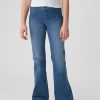 Calça jeans flare infantil de cintura alta e cruzada