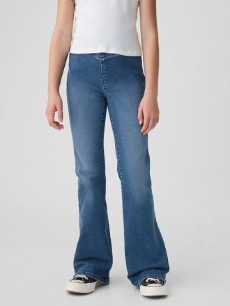 Calça jeans flare infantil de cintura alta e cruzada