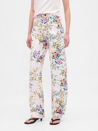Calça jeans floral de cintura alta