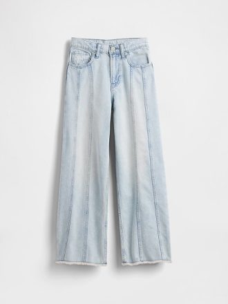 Calça jeans infantil de cintura baixa com costura e perna larga