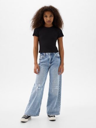 Calça jeans infantil de cintura baixa e perna larga