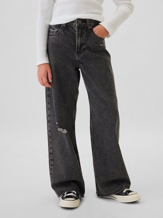 Calça jeans infantil de cintura baixa e perna larga