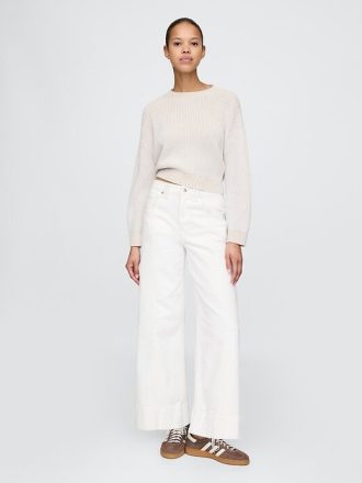 Calça jeans larga de cintura alta com strass e perna larga