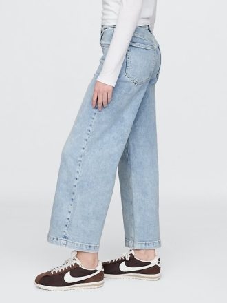 Calça jeans larga de cintura alta com strass e perna larga