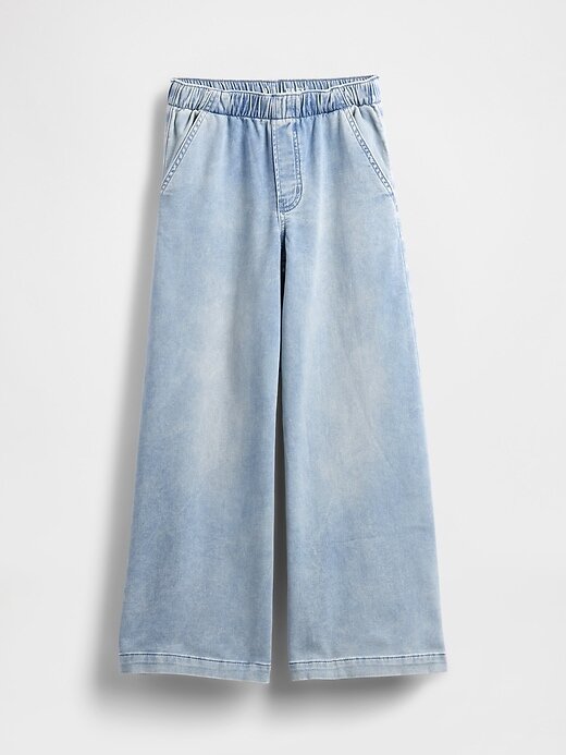 Calça jeans larga infantil de malha de cintura baixa Calça jeans larga infantil de malha de cintura baixa