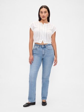 Calça jeans reta e justa curvilínea de cintura alta dos anos 90