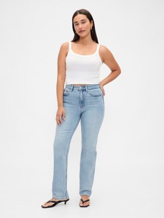 Calça jeans reta e justa curvilínea de cintura alta dos anos 90