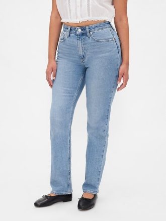 Calça jeans reta e justa curvilínea de cintura alta dos anos 90