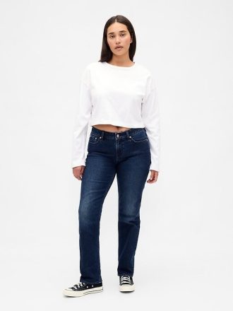 Calça jeans reta e justa curvilínea de cintura baixa dos anos 90