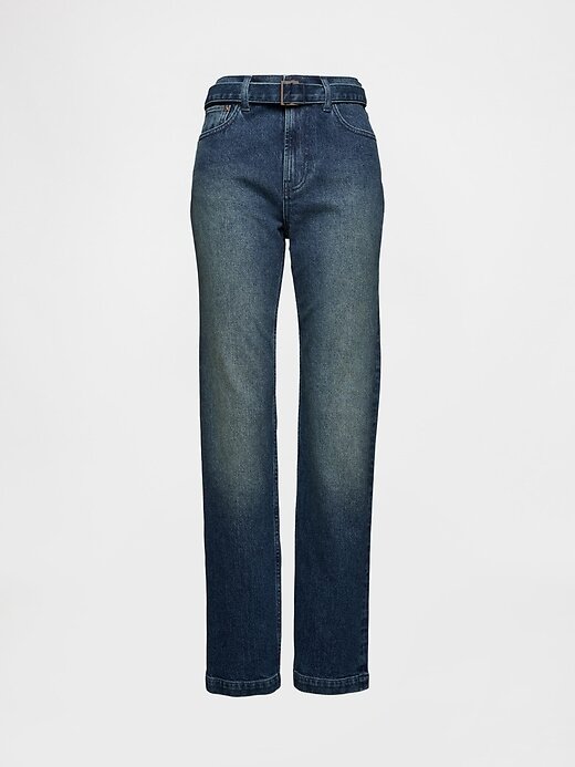 Calça jeans reta slim com cinto e cintura alta dos anos 90 Calça jeans reta slim com cinto e cintura alta dos anos 90