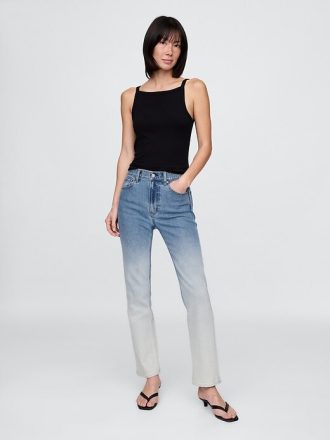 Calça jeans reta slim com decote alto e ombré anos 90
