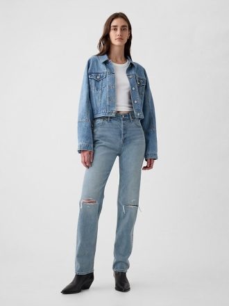 Calça jeans reta slim de cintura alta e rígida dos anos 90