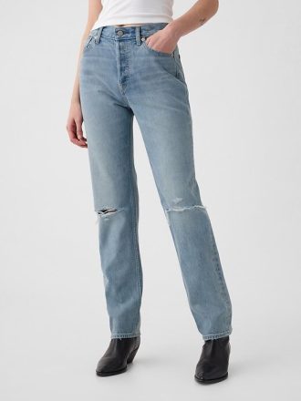 Calça jeans reta slim de cintura alta e rígida dos anos 90