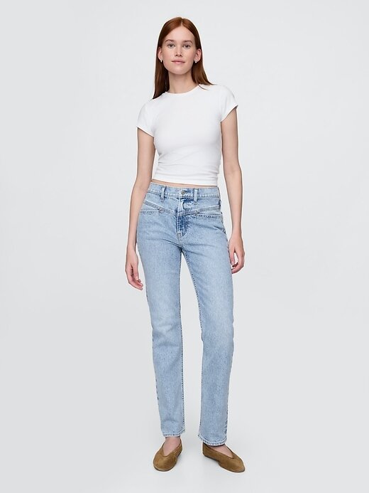 Calça jeans reta slim de cintura alta estilo western dos anos 90 Calça jeans reta slim de cintura alta estilo western dos anos 90