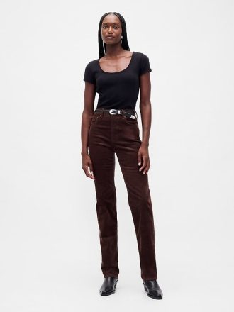 Calça jeans reta slim de veludo cotelê de cintura alta dos anos 90