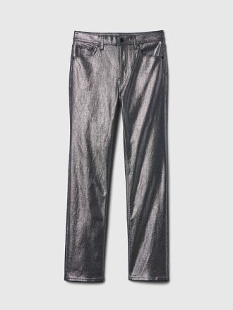 Calça jeans reta slim metalizada de cintura alta dos anos 90