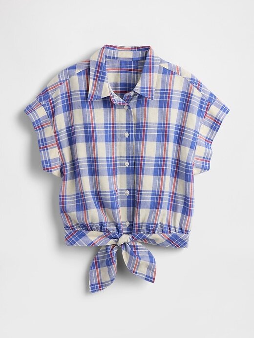 Camisa curta com amarração frontal em mistura de linho Camisa curta com amarração frontal em mistura de linho