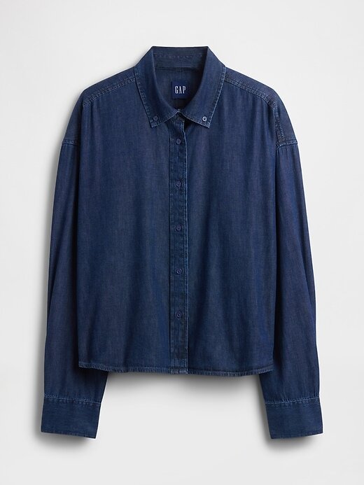 Camisa curta jeans ultramacia com bainha reta Camisa curta jeans ultramacia com bainha reta