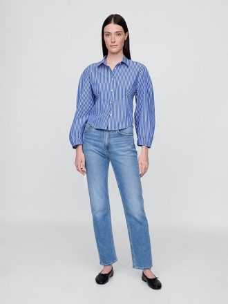 Camisa de popeline de algodão orgânico com mangas bufantes