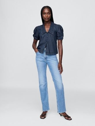 Camisa jeans com manga bufante e gola