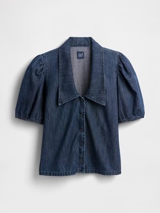 Camisa jeans com manga bufante e gola