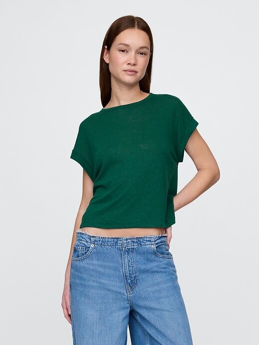 Camiseta com punho enrolado em mistura de linho Camiseta com punho enrolado em mistura de linho