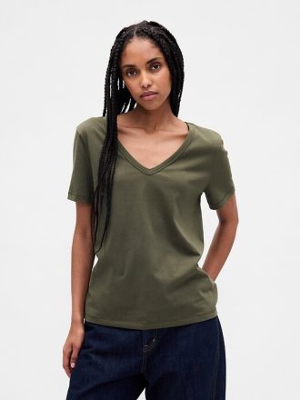 Camiseta de algodão orgânico vintagesoft com decote em V