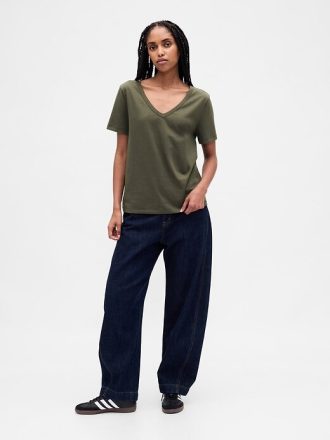 Camiseta de algodão orgânico vintagesoft com decote em V