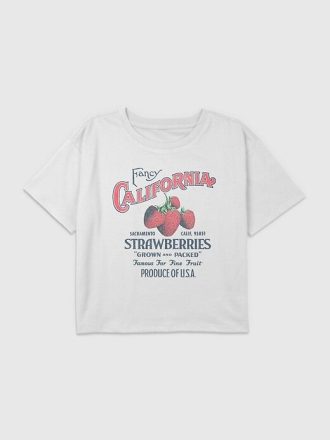 Camiseta infantil curta com estampa de morangos da Califórnia e estampa boxy